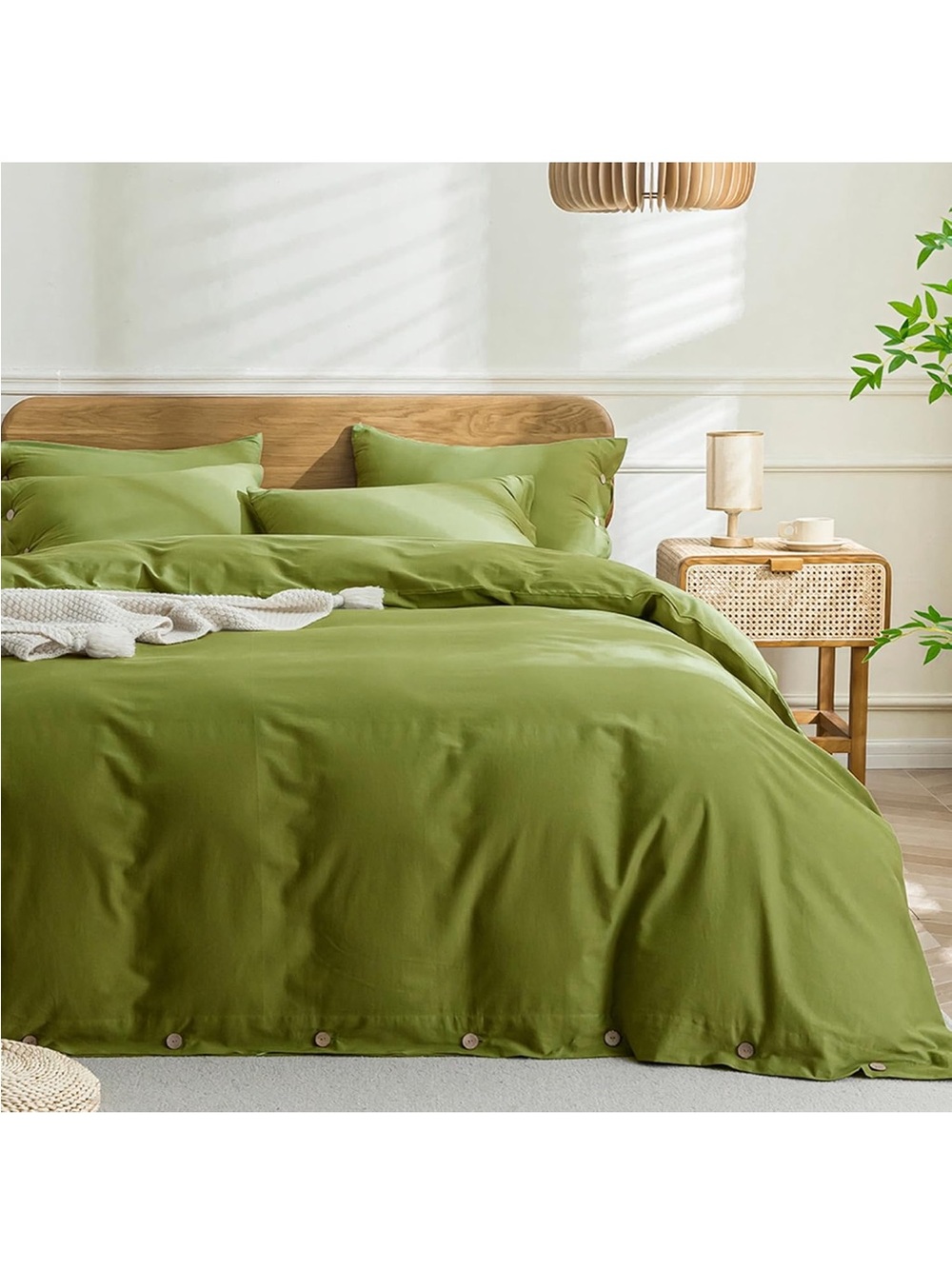 NEW JELLYMONI Duvet Cover Set, Avocado Green w/ Buttons. 100% Washed Cotton FULL